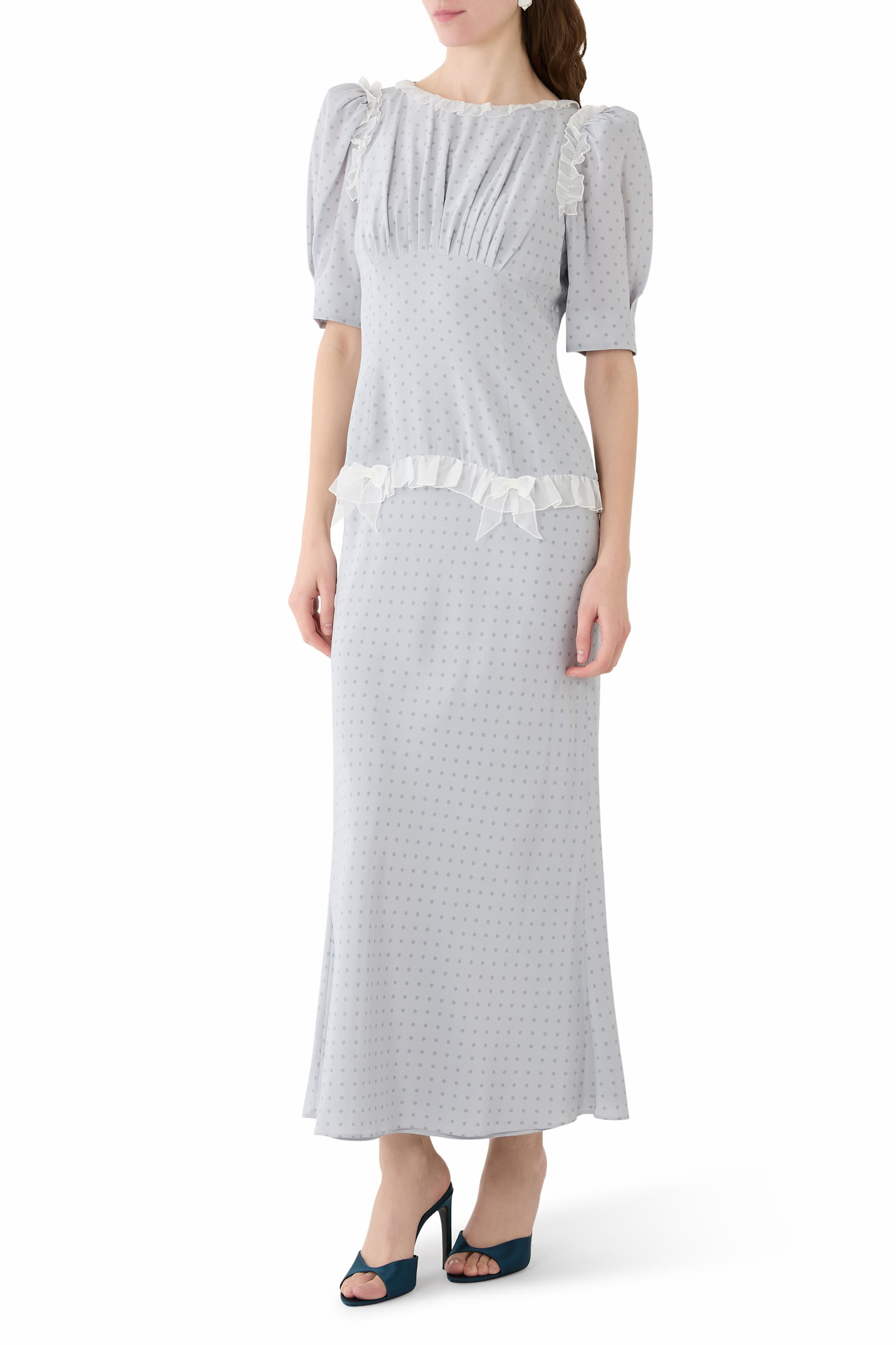فستان بنقشة نقاط بولكا متوسط الطول مزين بكشكش