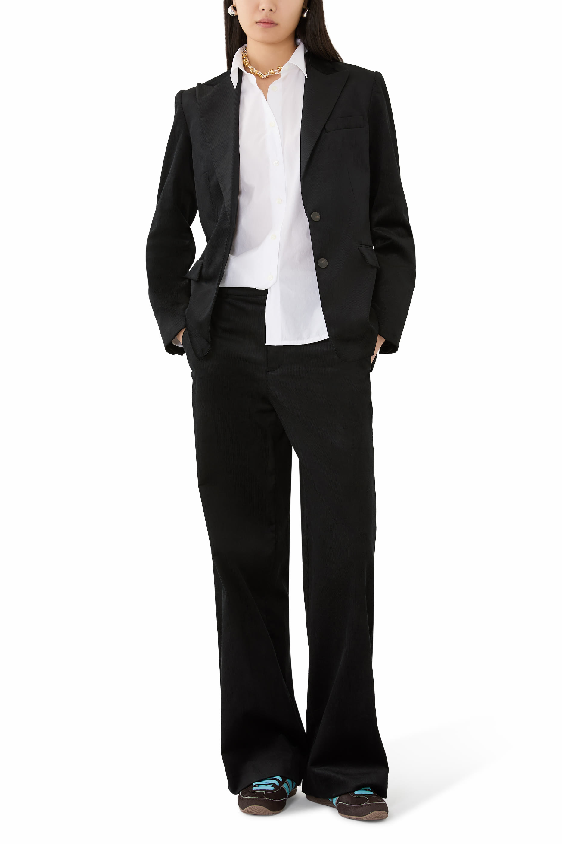 بنطال بقصة ساق واسعة وخصر مرتفع قماش مخملي