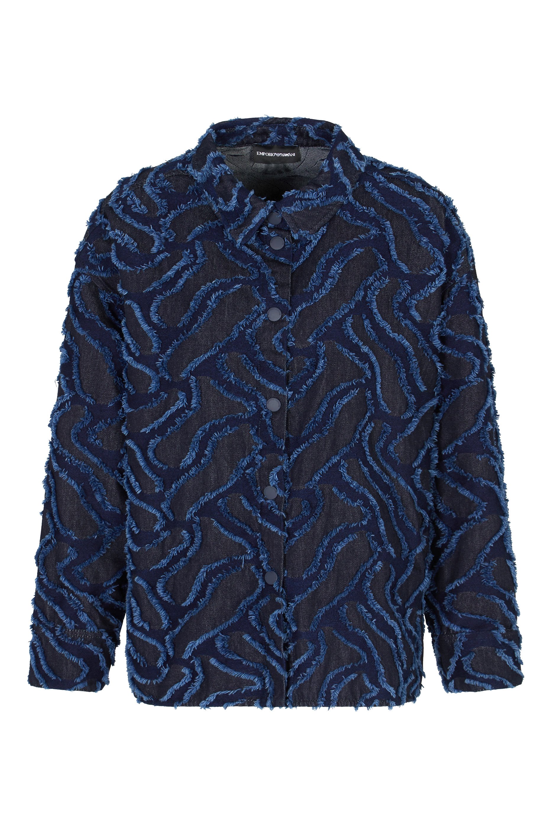 Fringed Embossed-Motif Jacquard Denim Shirt Jacket