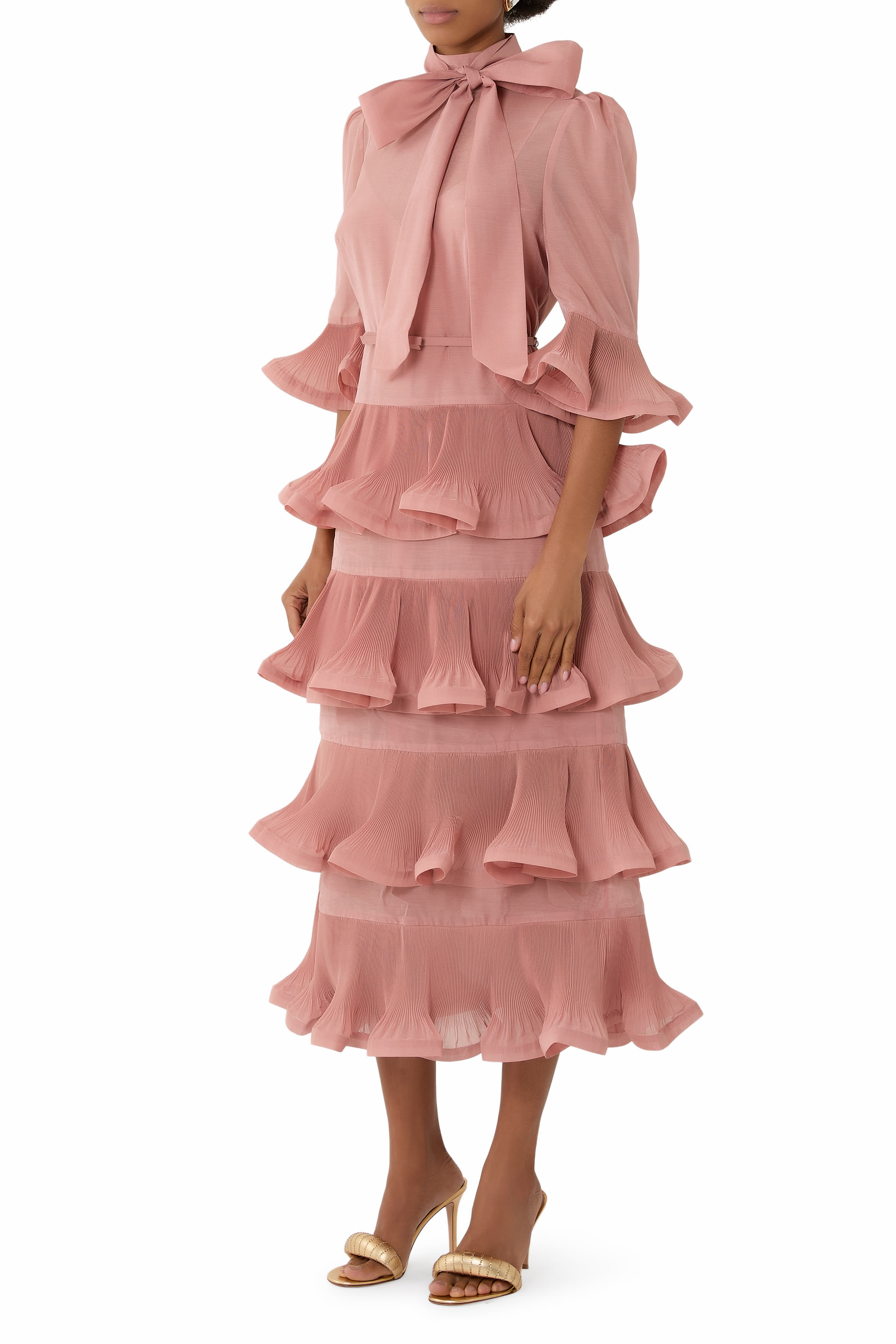 فستان متوسط الطول بأكمام مطوية