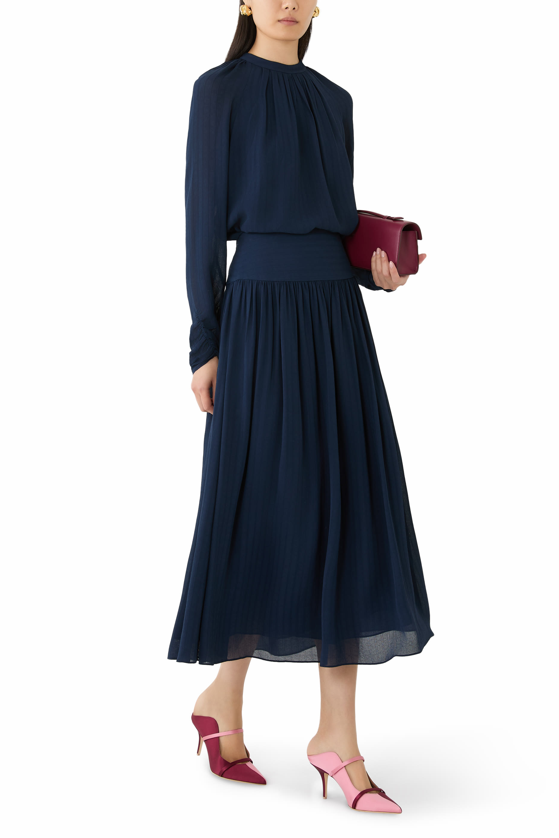 تنورة سانتوس متوسطة الطول مخططة مزينة بكشكش كريب