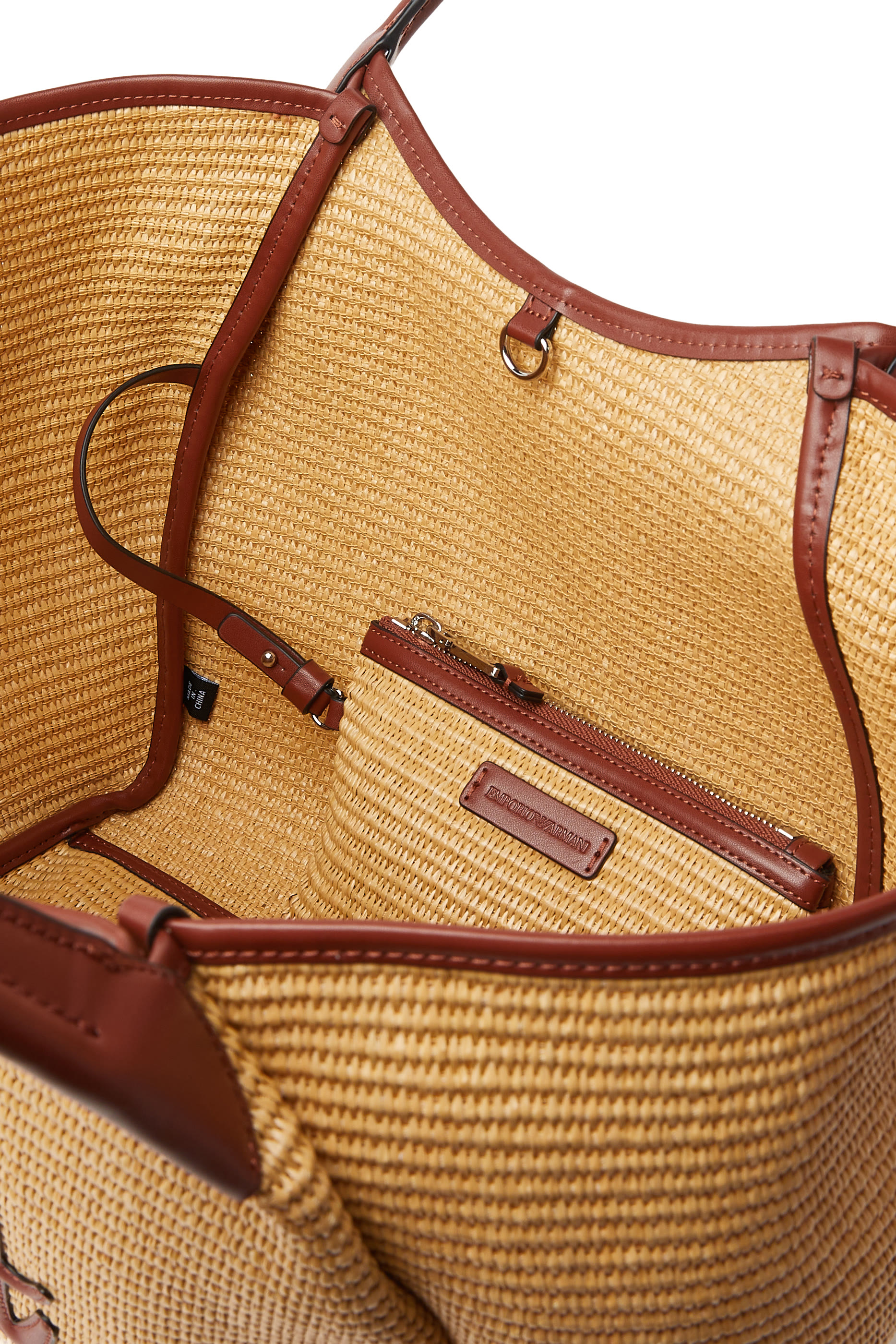 حقيبة يد بشعار الماركة متوسطة قش منسوج